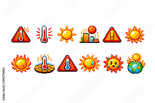 Pixel art icons depicting heatwaves, global warming, and extreme temperatures