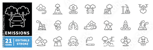Emissions editable line icons set. outline, pollution, environmental symbols