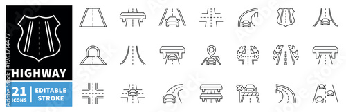 Highway icons set. editable line icons, outline, road and traffic symbols