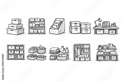 Collection of hand-drawn illustrations depicting various storage solutions and organization items