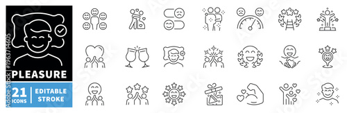 Pleasure and happiness icons set. editable line icons, outline, joy symbols