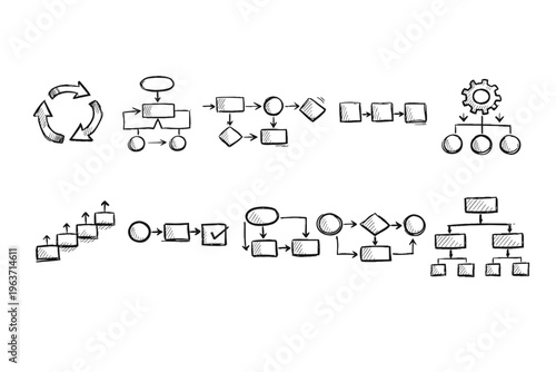 Collection of hand-drawn flowchart and diagram elements for business processes