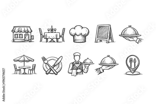 Collection of hand-drawn restaurant and dining icons for culinary themes