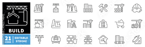 Construction and building icons set. editable line, outline, architecture, tools