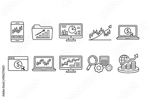Financial trading and investment icons collection for digital finance analysis