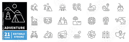 Adventure icons set. editable line icons, linear outline for outdoor, nature themes