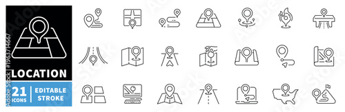 Location and navigation icons set. editable line icons, map, route, and direction