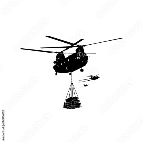 Black silhouette illustration of a heavy-lift helicopter transporting a cargo sling with military vehicles, with other helicopters.
