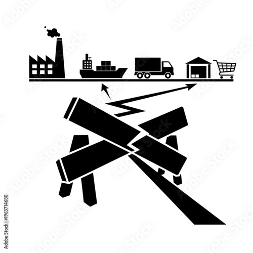 Black silhouette illustration depicting a broken supply chain with factory, ship, truck, warehouse, and shopping cart.