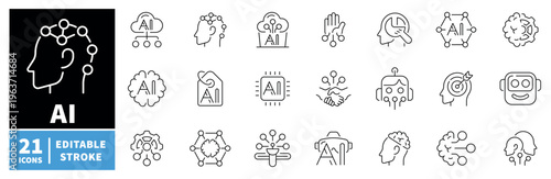 Ai and technology icons set. editable line icons for digital and tech solutions