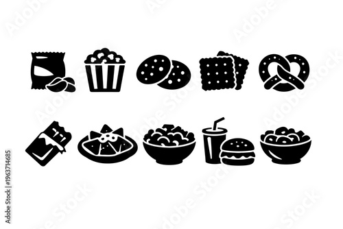 Collection of popular snack icons including popcorn, chips, cookies, and drinks