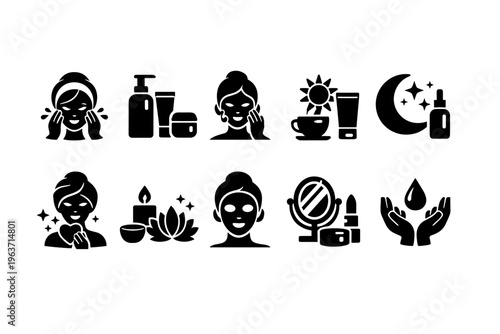 Collection of skincare and beauty icons representing self-care routines and products