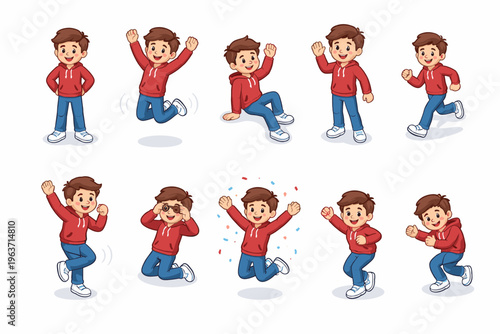Joyful cartoon boy in red hoodie and blue jeans showing various happy poses