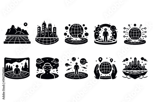 Collection of virtual world and metaverse concept icons in a simple black and white style