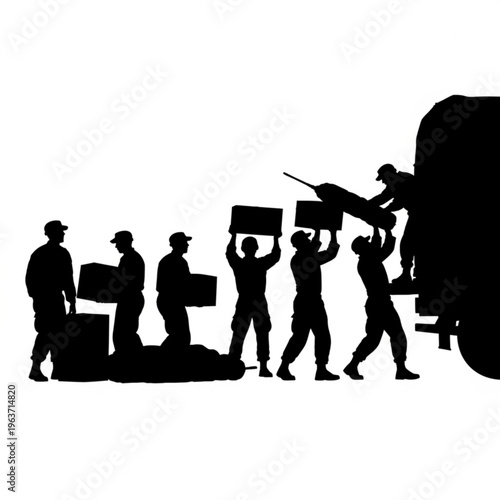 Silhouette illustration of soldiers unloading cargo boxes from a military truck, symbolizing logistics and supply chain operations.