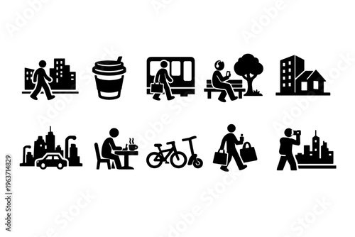 Collection of urban lifestyle icons depicting daily city activities and scenes