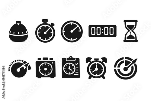 Collection of diverse clock and timer icons representing time management and measurement