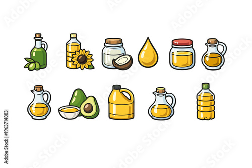Collection of cooking oil icons in various containers and types