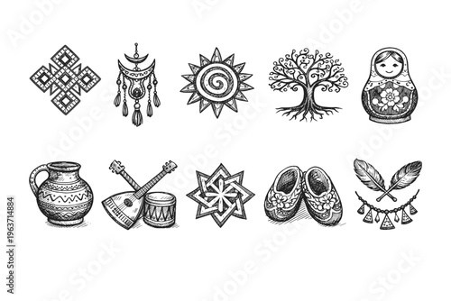 Collection of traditional Slavic cultural symbols and folk art elements in a sketch style