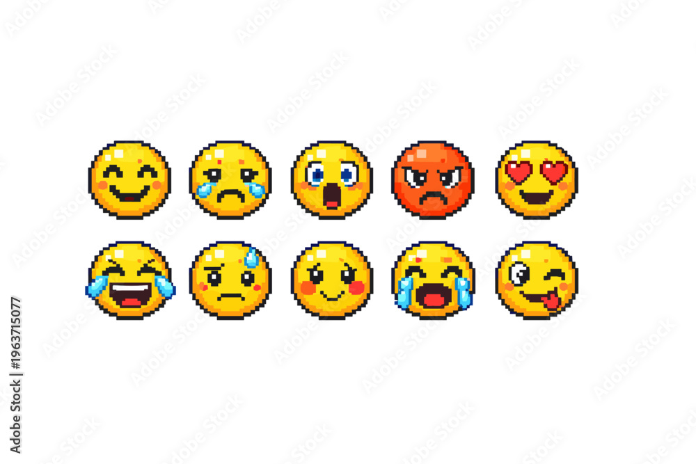 Obraz premium Collection of pixel art emojis expressing various emotions and reactions