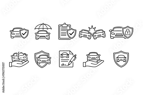 Car insurance icons collection representing protection, accidents, and policy signing