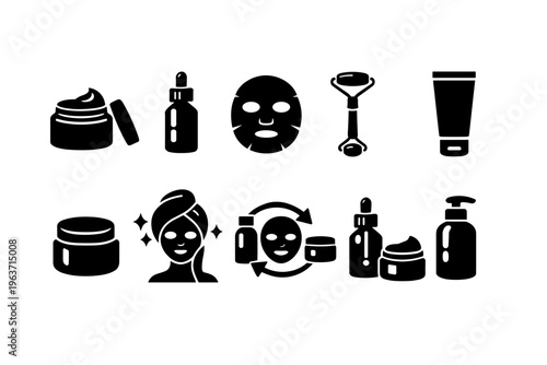 Collection of skincare icons representing beauty treatments and cosmetic products