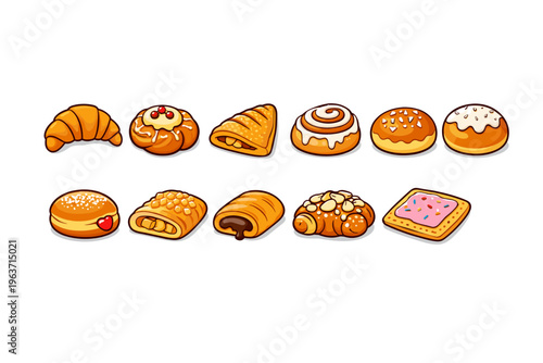 A delicious assortment of cartoon pastries and baked goods displayed in a row