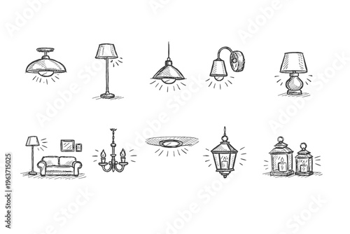 Collection of hand-drawn lighting fixtures including lamps, chandeliers, and lanterns