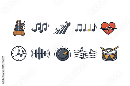 Collection of musical icons representing rhythm, tempo, and sound elements