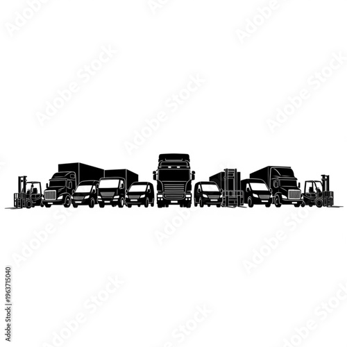 Black silhouette illustration of a fleet of trucks, cars, and forklifts lined up, representing logistics, transportation, and delivery services.