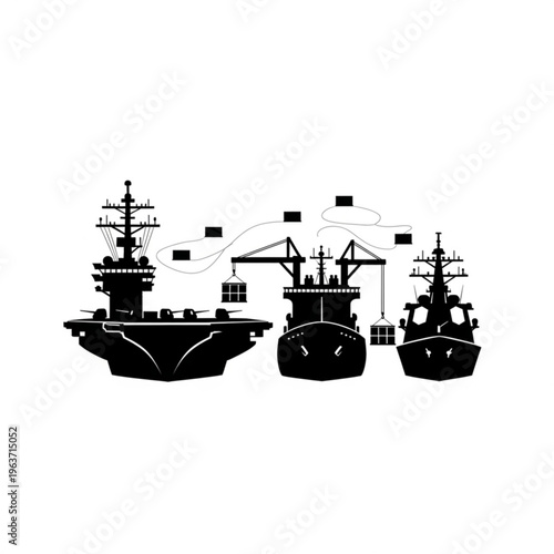 Black silhouette illustration of naval ships including an aircraft carrier and cargo ships with cranes, symbolizing naval power and maritime logistics.