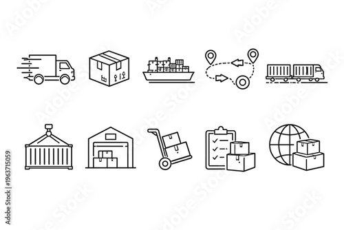Logistics and delivery icons showing various transportation and storage methods