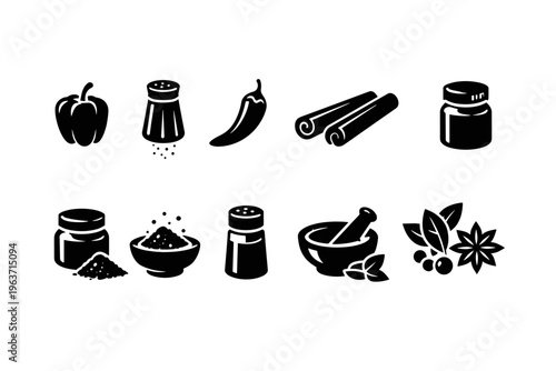 Collection of black and white icons representing various spices and seasonings