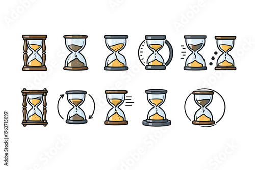 Collection of hourglass icons representing time passing and different stages of measurement