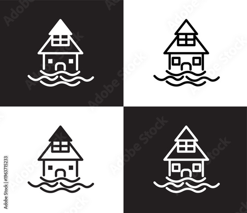 flooded house icon. Outline and filled flooded house icon from Insurance and Coverage collection. Thin line and Solid vectors isolated on black, white background. Editable flooded house symbol