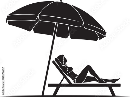 Relaxed Woman Silhouette Enjoying a Peaceful Moment on a Lounge Chair Under a Large Beach Umbrella