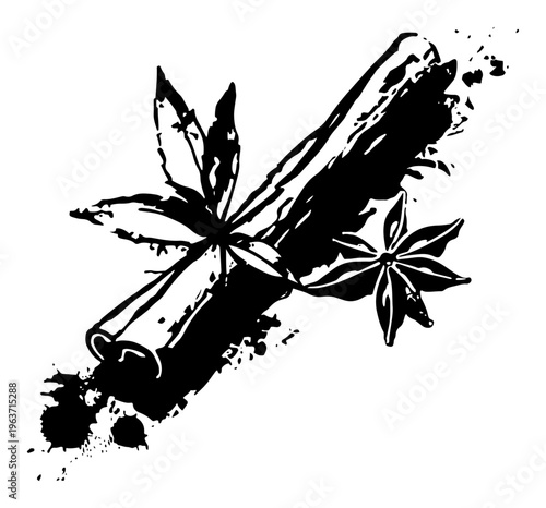 Hand drawn cinnamon sticks and star anise spices in artistic ink splatter style