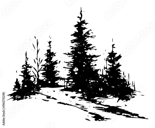 Minimalist ink sketch of a pine forest with spruce trees and a path
