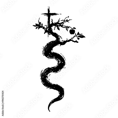 Symbolic ink drawing of a snake coiled around a wooden cross with an apple