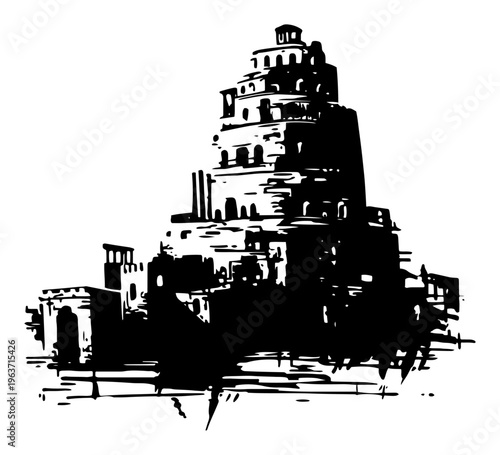 Foto Grungy ink illustration of the Tower of Babel or an ancient ziggurat monument