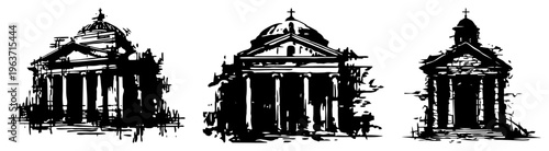 Set of three classical temple and church buildings in a gritty black ink architectural sketch style