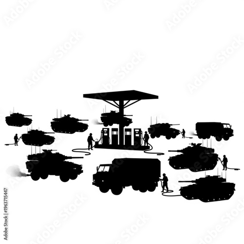 Military tanks and trucks refueling at a gas station in silhouette, symbolizing logistics and wartime operations with a stark black and white contrast.