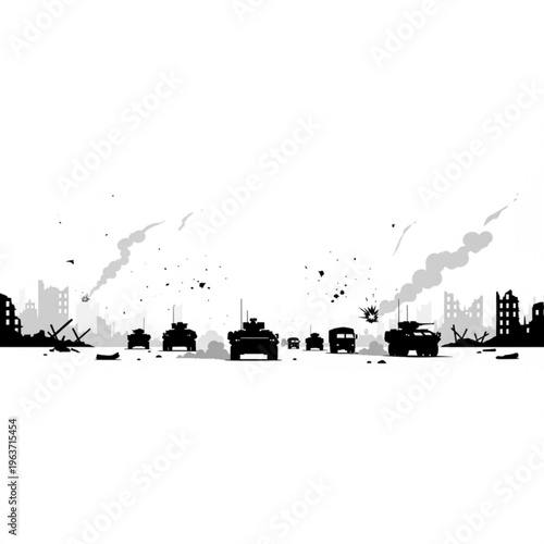 Silhouette of military tanks and vehicles advancing through a destroyed city, depicting conflict, destruction, and the aftermath of war.