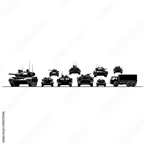 Collection of military tanks and a truck in black silhouette, showcasing armored vehicles and a supply vehicle in a lineup.