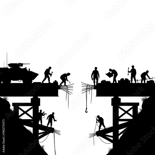 Black silhouette illustration of soldiers repairing a damaged bridge with tanks nearby, symbolizing military engineering and reconstruction efforts.
