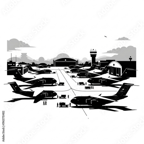 Black silhouette illustration of a military airbase with many cargo planes parked on the tarmac near hangars and a control tower.