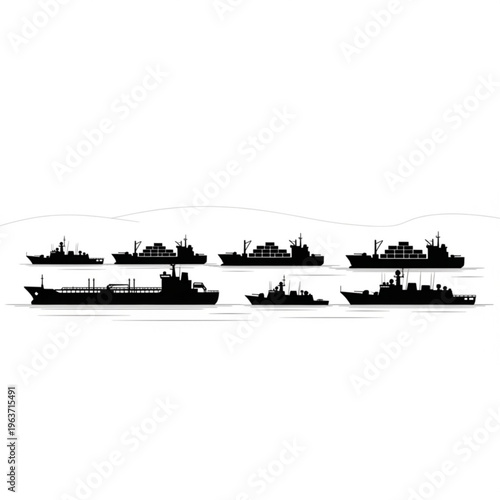 Collection of black silhouette illustrations of various cargo ships, tankers, and military vessels sailing on the water.
