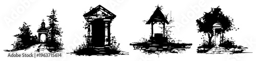 Set of four minimalist ink sketches featuring cemetery monuments and garden shrines