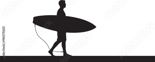 Silhouette of a Man Walking Purposefully with a Surfboard Under His Arm, Ready for Ocean Adventures