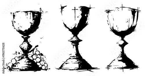 Collection of religious chalice silhouettes with grapes in artistic grunge style